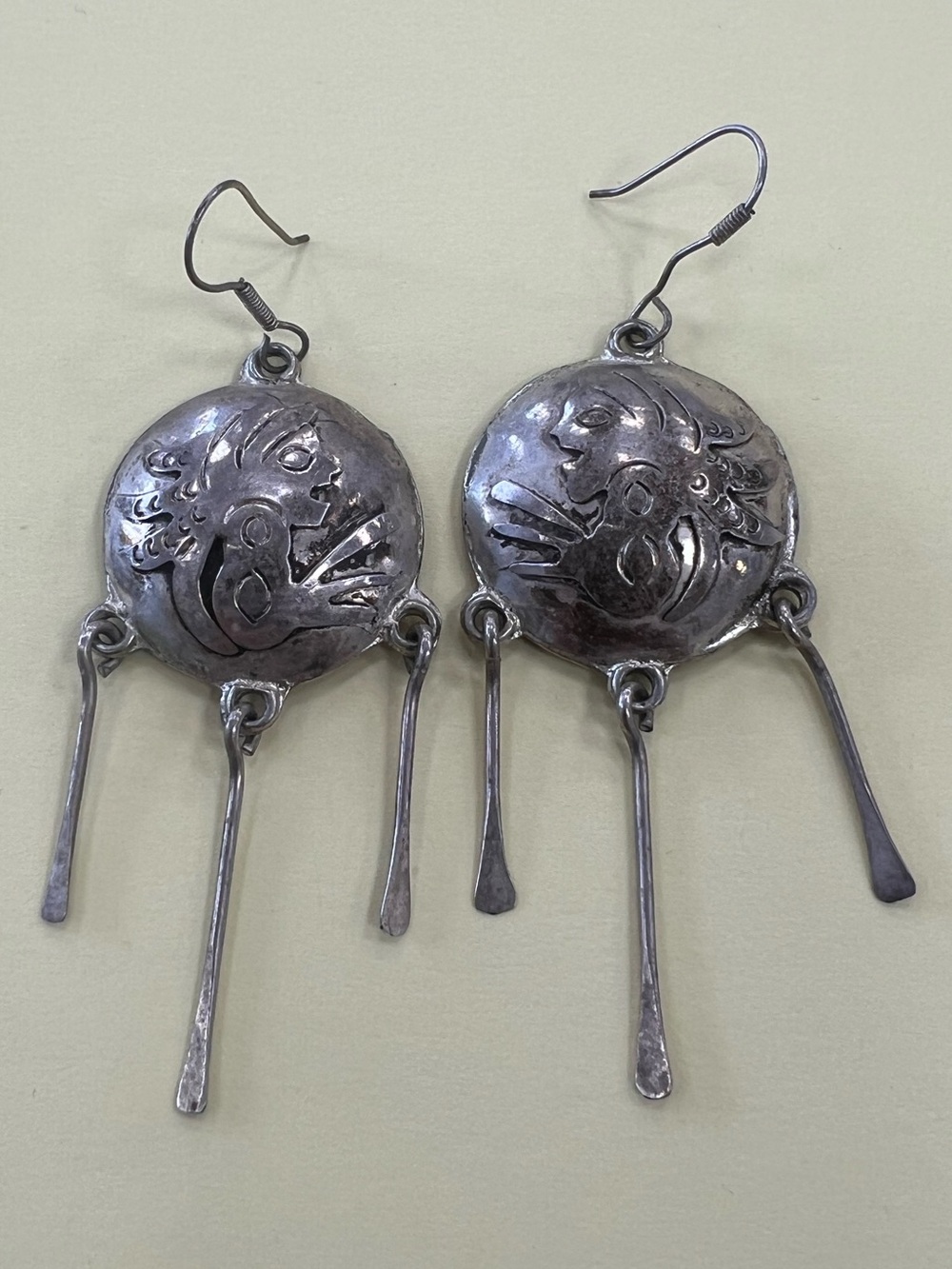 Silver Tone Dangle Earrings with Floral Medallions